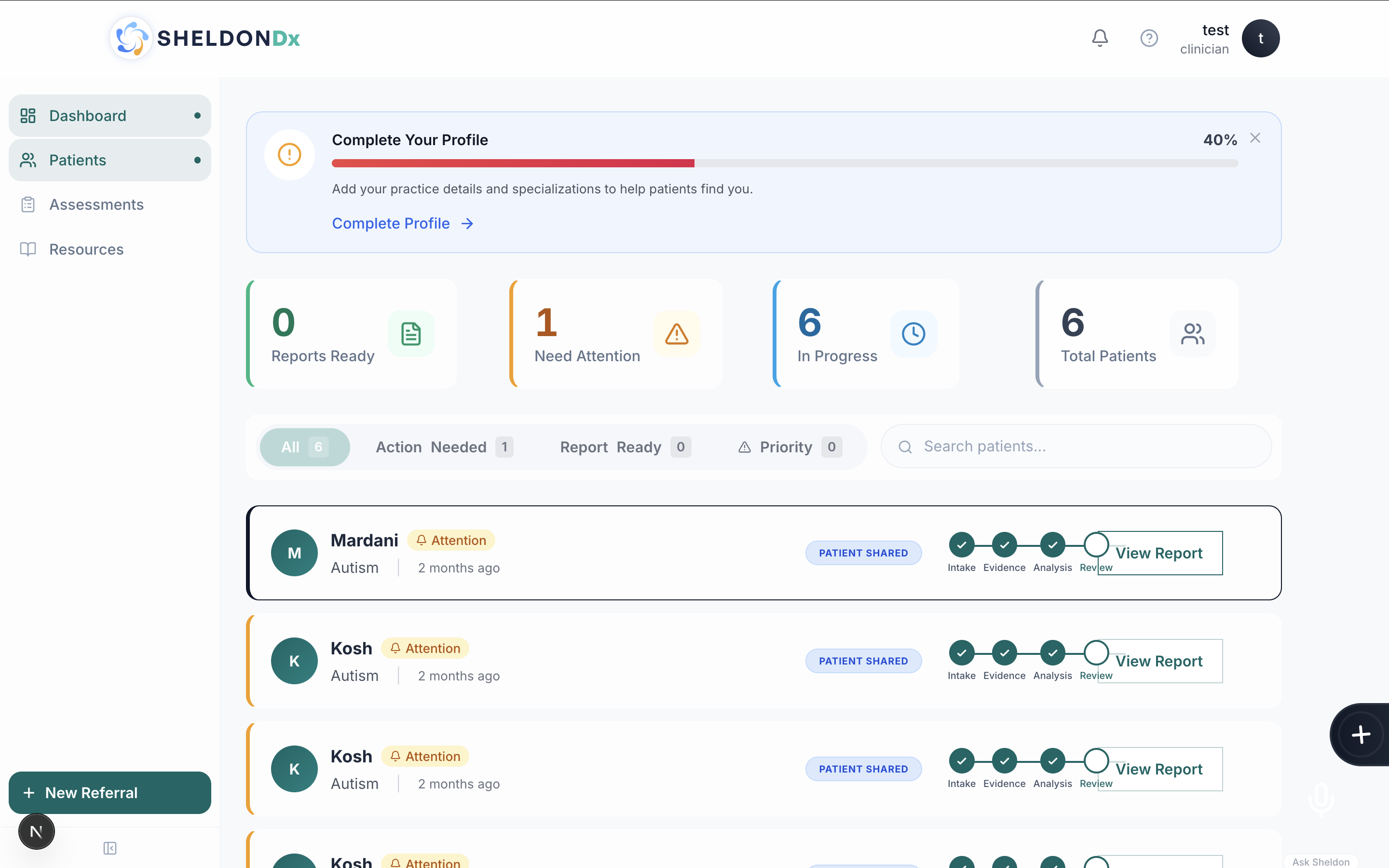SheldonDx case file showing screener results and informant concordance