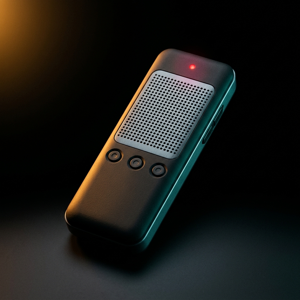 Voice recorder with active recording LED on a consultant's desk